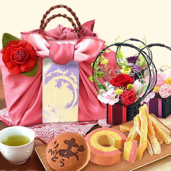 編みかごスイーツセット (和風プリザ付)　 父の日 プレゼント ギフト 2025 干し芋 国産 無添加 干しいも どら焼き どらやき バウムクーヘン お茶 プリザーブドフラワー おしゃれ 詰め合わせ 送料無料 スイーツ お菓子 和菓子 洋菓子 食べ物 食品 健康 おいもや