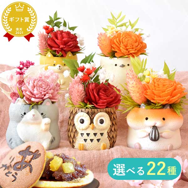 選べるミニポットプリザ＆お芋どら焼き 【母の日 プレゼント 花 ギフト プリザーブドフラワー 犬 犬好き フラワーアレンジメント かわいい おしゃれ ペット バラ 薔薇 一輪 アニマル 動物 ミニ 置き物 送料無料 スイーツ お菓子 和菓子 ギフトセット おいもや】