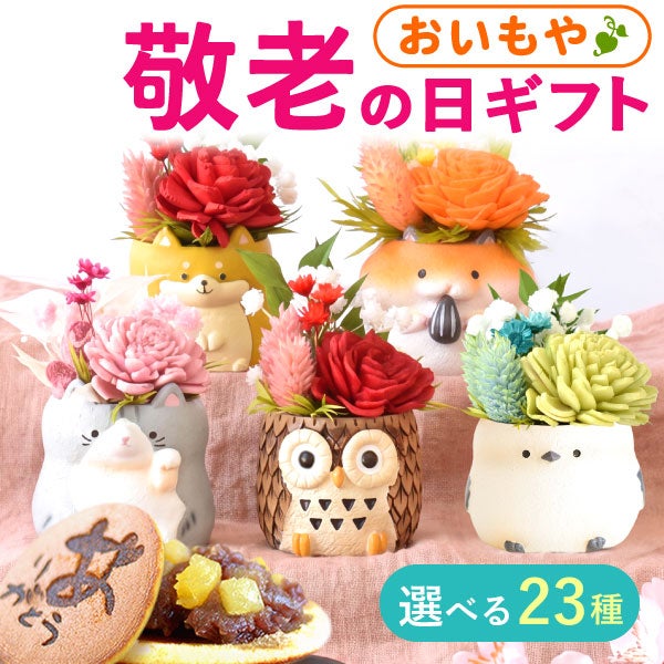 選べるミニポットプリザ＆お芋どら焼き 【母の日 プレゼント 花 ギフト プリザーブドフラワー 犬 犬好き フラワーアレンジメント かわいい おしゃれ ペット バラ 薔薇 一輪 アニマル 動物 ミニ 置き物 送料無料 スイーツ お菓子 和菓子 ギフトセット おいもや】