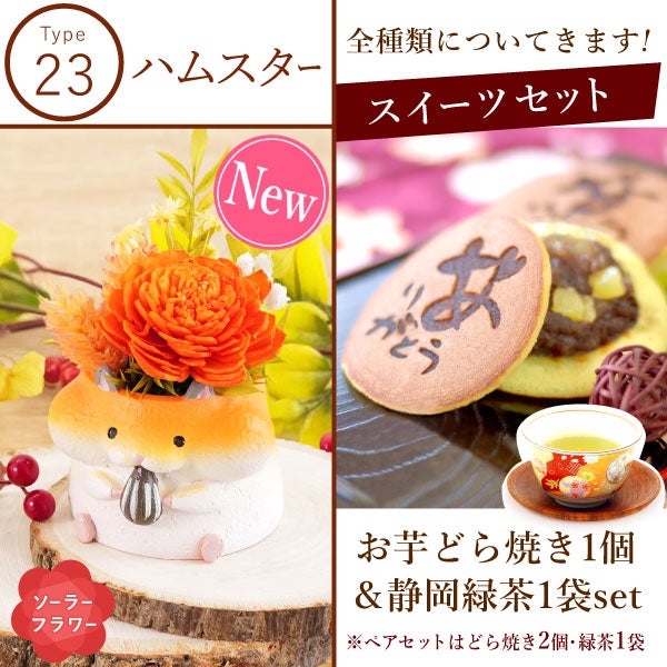 選べるミニポットプリザ＆お芋どら焼き 【母の日 プレゼント 花 ギフト プリザーブドフラワー 犬 犬好き フラワーアレンジメント かわいい おしゃれ ペット バラ 薔薇 一輪 アニマル 動物 ミニ 置き物 送料無料 スイーツ お菓子 和菓子 ギフトセット おいもや】