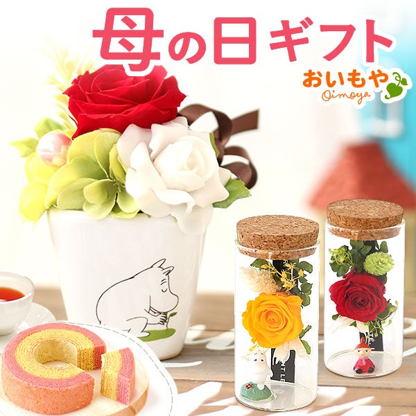 選べるムーミンギフトz＆スイーツセット 母の日 プレゼント 花 ギフト ムーミン ニョロニョロ キャラクター グッズ プリザ プリザーブドフラワー バウムクーヘン バラ 薔薇 花とスイーツ 送料無料 スイーツ お菓子 洋菓子 ギフトセット おいもや