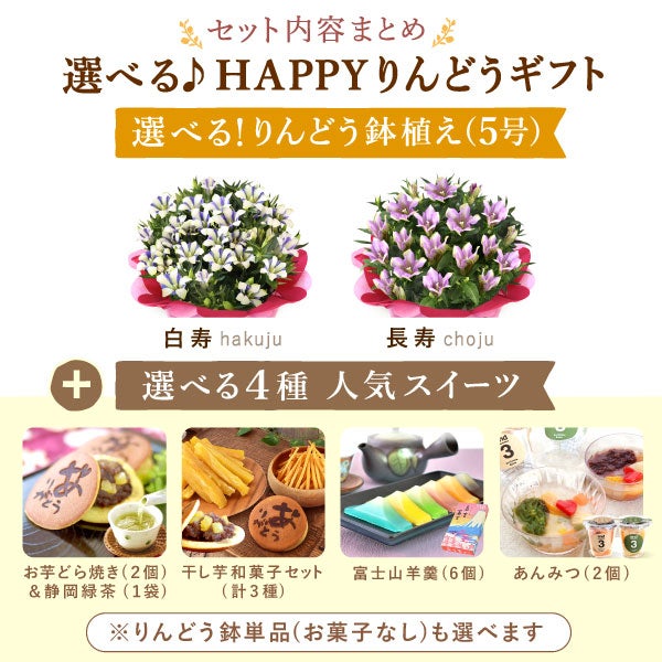 りんどう 5号＆選べるスイーツギフト 敬老の日 プレゼント ギフト 花 りんどう 竜胆 リンドウ 生花 花鉢 孫 ありがとう バウムクーヘン 干し芋 芋けんぴ かりんとう カステラ ようかん あんみつ 秋 送料無料 スイーツ お菓子 和菓子 洋菓子 メッセージカード おいもや